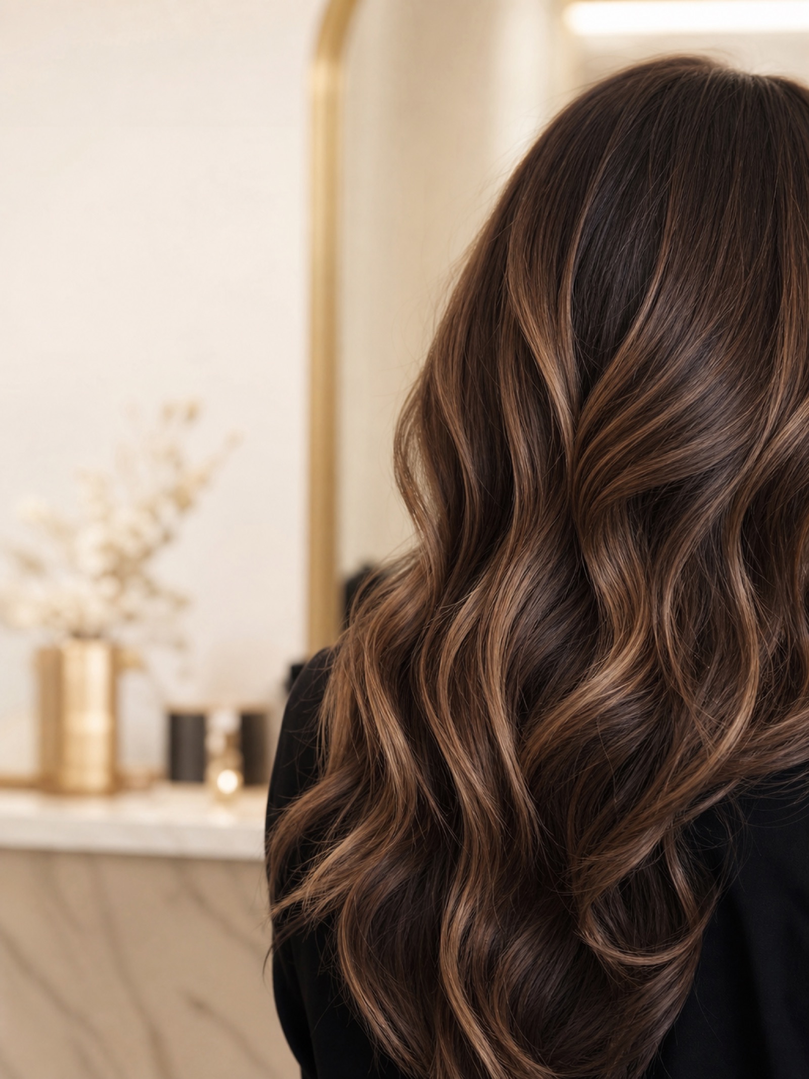 Cabello con balayage caramelo y ondas suaves en VIP Studio