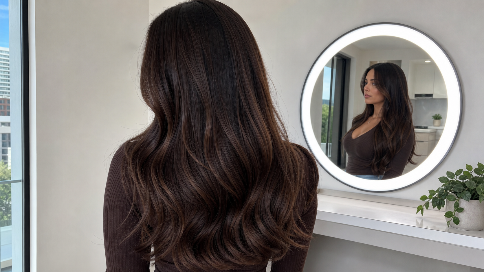 Balayage chocolate profundo sobre cabello castaño oscuro