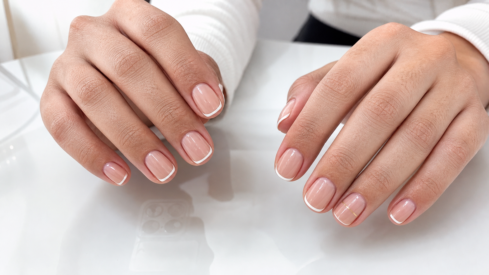 Manicure nude con francesa fina y un detalle dorado sutil